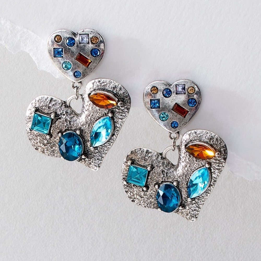 Free People Silver Heart Drop Earrings with Blue and Amber Stones